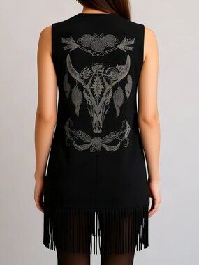 Vocal Black Fringe Open-Front Duster Vest S Southwestern Boho Festival Rodeo